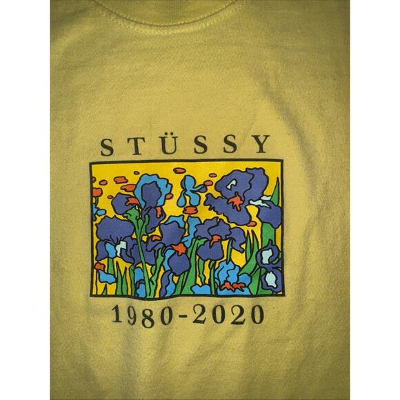 Stussy 40th Anniversary Irises Graphic T-Shirt 1980–2020 Yellow Size Large 22x26 - Picture 2 of 3